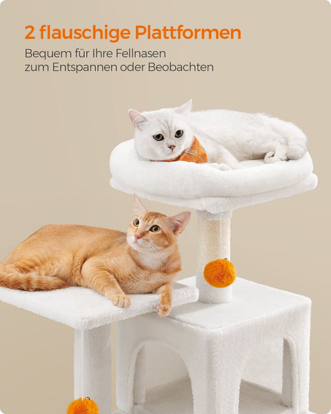 Rootz Cat Scratching Post - Cream White Cat Tree - Cat Climbing Tower - Chipboard Plush Sisal - 45cm x 35cm x 112cm - Sturdy Construction - Multiple Cats - Easy Assembly