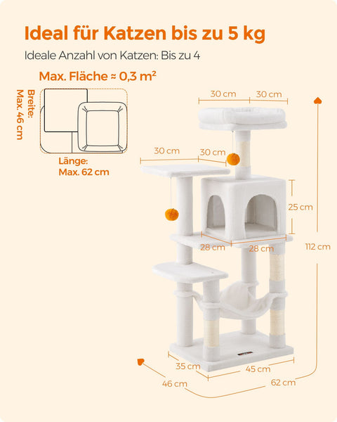Rootz Cat Scratching Post - Cream White Cat Tree - Cat Climbing Tower - Chipboard Plush Sisal - 45cm x 35cm x 112cm - Sturdy Construction - Multiple Cats - Easy Assembly
