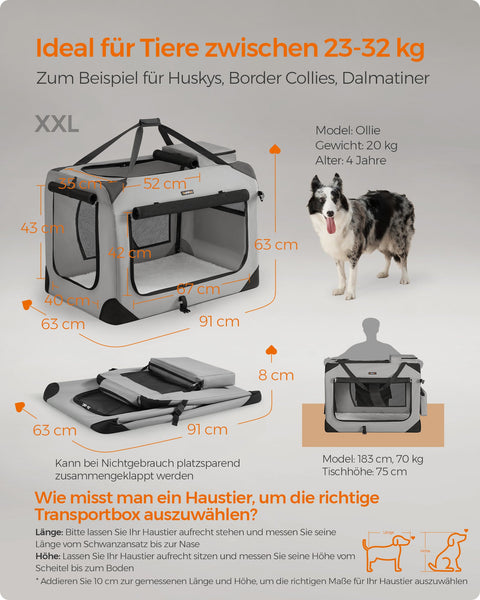 Rootz XXL Smoke Gray Dog Box - Pet Carrier - Crate - Metal Frame - 600D Oxford Fabric - Fleece - PVC Coating - 91cm x 63cm x 63cm