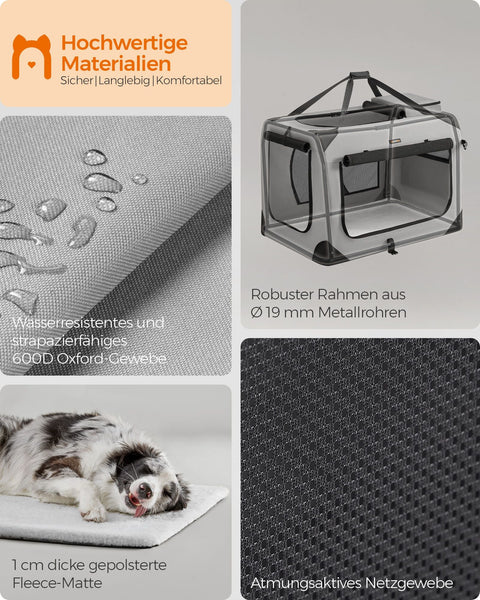 Rootz XXL Smoke Gray Dog Box - Pet Carrier - Crate - Metal Frame - 600D Oxford Fabric - Fleece - PVC Coating - 91cm x 63cm x 63cm