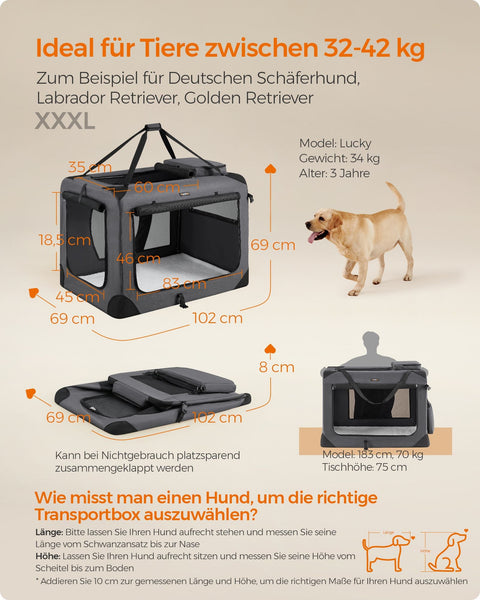 Rootz XXXL Gray Dog Box - Pet Crate - Kennel - Metal Frame - 600D Oxford Fabric - PVC Coating - Fleece - Spacious - Durable - Portable - 102cm x 69cm x 69cm - Foldable - 102cm x 69cm x 8cm - Lightweight - 5.9kg - Ideal for Dogs 32-42kg