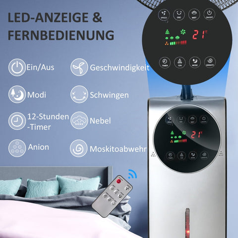 Rootz 2-in-1 Ventilator - Pedestal Fan - Mist Fan - Adjustable Mist Levels - Aromatherapy Compatible - Programmable Timer - Ø 44.5 x 135H cm - Silver + Black