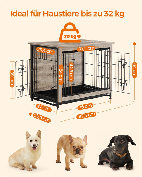 Rootz Greige Dog Cage - Pet Crate - Kennel - Chipboard and Steel Construction - Spacious Interior - Easy Assembly - 82.5cm x 56cm x 64cm - Max Load Capacity 70kg