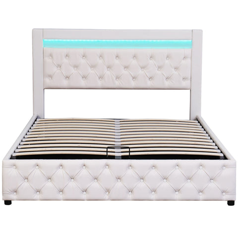 Rootz Upholstered Bed - Slatted Frame - Storage Space - LED Lighting - 140 x 200 cm - White - Durable PU Frame - 207L x 142W x 99H cm