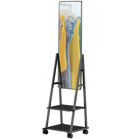 Rootz Rolling Full Length Mirror - Standing Mirror - Mobile Mirror - Two Shelves & Wheels - 42L x 37W x 155H cm - Black