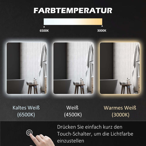 Rootz LED Bathroom Vanity Mirror - Wall Mounted Makeup Mirror - Illuminated Mirror - Anti-Fog - Touch Switch - 70cm x 50cm x 3cm