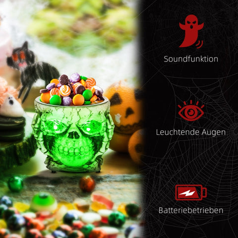 Rootz Halloween Skeleton Candy Bowl - Spooky Decoration - Glowing Green Eyes - Ghostly Howls - Battery Operated - Gray - Plastic - 16cm x 16cm x 14cm