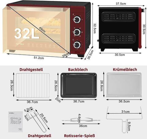 Rootz High-Performance Mini Oven - Compact Kitchen Appliance - Electric Oven - Fast Heating - Large Capacity - Easy Clean - 51.8cm x 32.5cm x 37.8cm