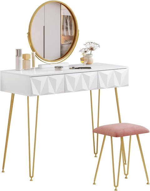 Rootz Elegant Dressing Table Set - Vanity Table - Makeup Desk - Stable & Durable - Efficient Storage - Luxurious Comfort - 100cm x 79cm x 40cm