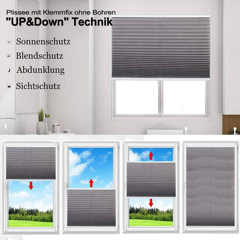 Rootz Pleated Blind - Polyester Window Shade - No Drill Curtain - Sun Protection - 45cm to 120cm Width - Aluminum Profile - Klemmfix Assembly