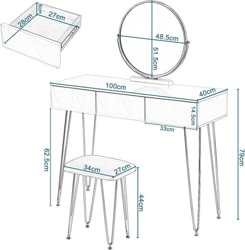 Rootz Elegant Dressing Table Set - Vanity Table - Makeup Desk - Stable & Durable - Efficient Storage - Luxurious Comfort - 100cm x 79cm x 40cm