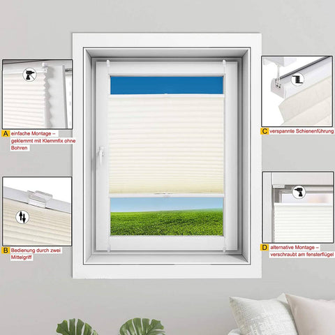Rootz Pleated Blind - Polyester Window Shade - No Drill Curtain - Sun Protection - 45cm to 120cm Width - Aluminum Profile - Klemmfix Assembly