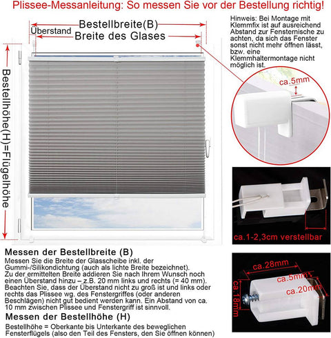 Rootz Pleated Blind - Polyester Window Shade - No Drill Curtain - Sun Protection - 45cm to 120cm Width - Aluminum Profile - Klemmfix Assembly