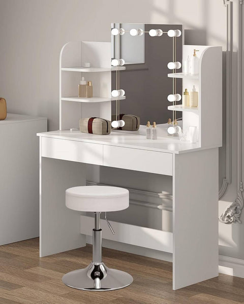 Rootz White Dressing Table with Stool - Makeup Vanity - Beauty Desk - Adjustable LED Lighting - Ample Storage - Durable Construction - 108cm x 142cm x 40cm