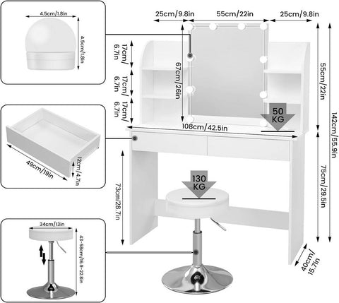 Rootz White Dressing Table with Stool - Makeup Vanity - Beauty Desk - Adjustable LED Lighting - Ample Storage - Durable Construction - 108cm x 142cm x 40cm