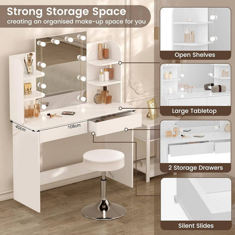 Rootz White Dressing Table with Stool - Makeup Vanity - Beauty Desk - Adjustable LED Lighting - Ample Storage - Durable Construction - 108cm x 142cm x 40cm
