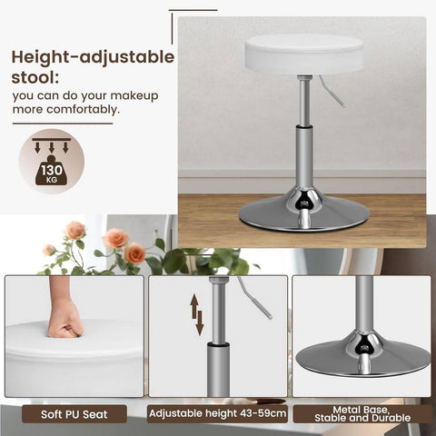 Rootz White Dressing Table with Stool - Makeup Vanity - Beauty Desk - Adjustable LED Lighting - Ample Storage - Durable Construction - 108cm x 142cm x 40cm
