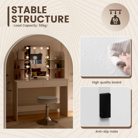 Rootz White Dressing Table with Stool - Makeup Vanity - Beauty Desk - Adjustable LED Lighting - Ample Storage - Durable Construction - 108cm x 142cm x 40cm
