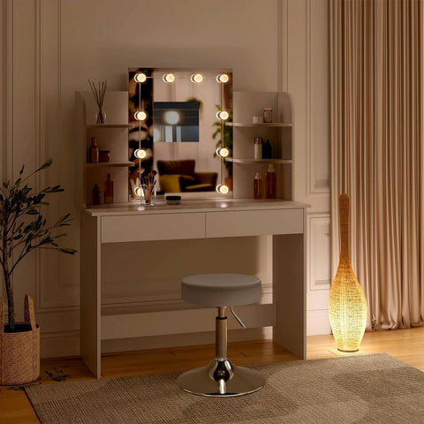 Rootz White Dressing Table with Stool - Makeup Vanity - Beauty Desk - Adjustable LED Lighting - Ample Storage - Durable Construction - 108cm x 142cm x 40cm