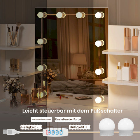 Rootz White Dressing Table with Stool - Makeup Vanity - Beauty Desk - Adjustable LED Lighting - Ample Storage - Durable Construction - 108cm x 142cm x 40cm