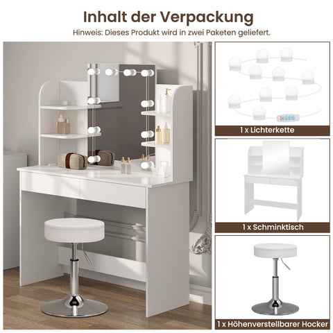Rootz White Dressing Table with Stool - Makeup Vanity - Beauty Desk - Adjustable LED Lighting - Ample Storage - Durable Construction - 108cm x 142cm x 40cm
