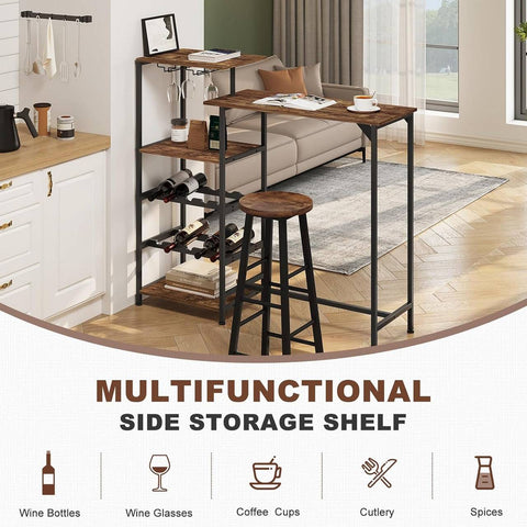 Rootz Multifunctional Bar Table - Dual-Level Tabletops - Storage Table - Integrated Wine Racks - Durable Design - W129.5 x H117 x D38 cm