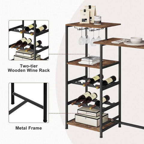 Rootz Multifunctional Bar Table - Dual-Level Tabletops - Storage Table - Integrated Wine Racks - Durable Design - W129.5 x H117 x D38 cm