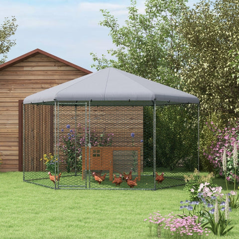 Rootz Chicken Coop Enclosure - Outdoor Poultry Run - Galvanized Steel - Protective Roof - Easy to Access - 400cm x 346cm x 263cm