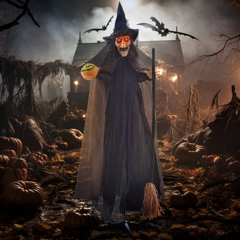 Rootz Animated Halloween Decoration - Witch on Broomstick - Spooky Prop - Glowing Eyes - Pumpkin - 107cm x 65cm x 190cm