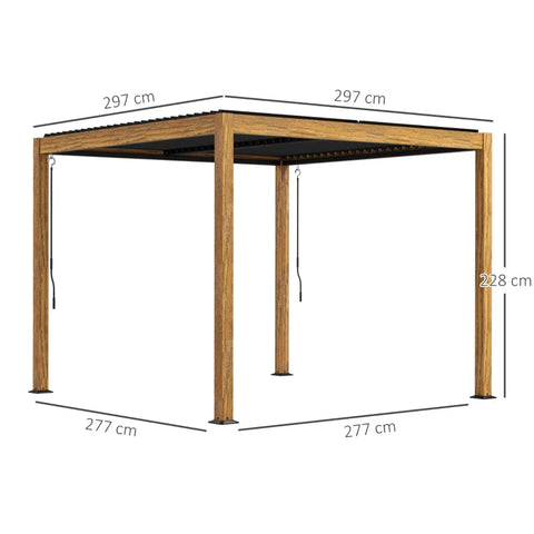 Rootz Pergola - Tuinpaviljoen - Lattendak - Handslinger - Grondpennen - Aluminium - Hout - Aluminium - Zwart - Naturel - 297L x 297B x 228H cm