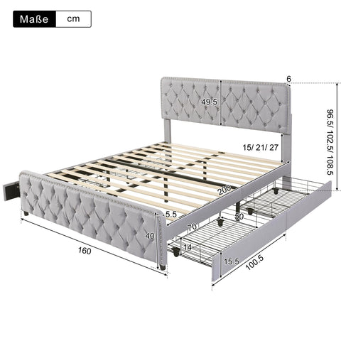 Rootz Upholstered Bed - Platform Bed - Storage Bed - Height-Adjustable Headboard - 211.5cm x 160cm x 108.5cm - Light Gray Linen Fabric