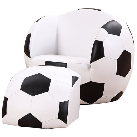 Rootz Children's Armchair with Stool - Kids Sofa - Football Chair - Fun Design - High-Quality Workmanship - Comfortable Padding - 51.5cm x 47.5cm x 43cm - Faux Leather