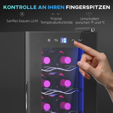 Rootz 12 Bottle Wine Fridge - Drinks Fridge - Beverage Cooler - Energy Efficient - 26.5 cm W x 51.5 cm D x 65 H cm - Touch Screen & LED Light