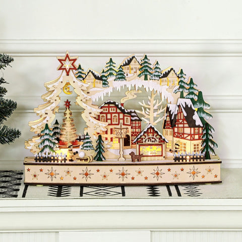 Rootz Christmas Village - Festive Forest Scene - Winter Landscape - 20 LED Lights - Table Mantel Decor - Natural Wood - 45cm x 12cm x 30cm