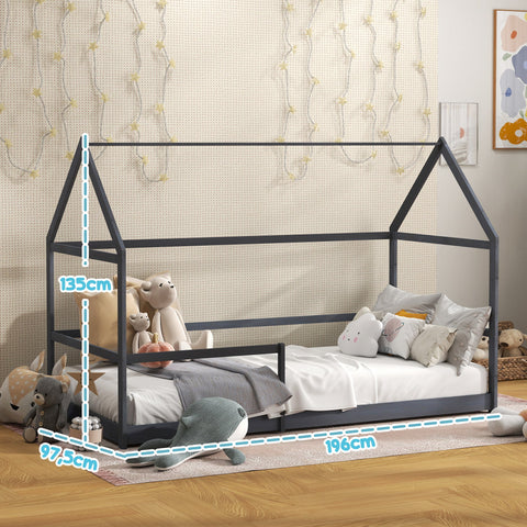 Rootz Children's Hut Bed - Kids Bed - Toddler Bed - Safety Railings - Pine Wood - 196L x 97.5W x 135H cm - Ideal for Ages 3-8