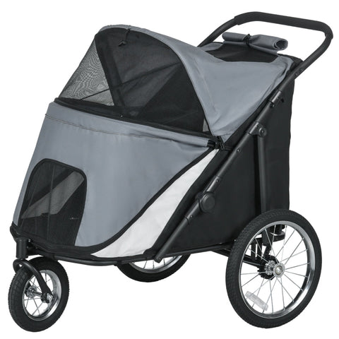 Rootz Folding Pop Up Dog Stroller - Pet Buggy - Dog Cart - Hinged Canopy - Large Rubber Tires - Integrated Dog Leash - 111cm x 70cm x 97.5cm - Oxford Polyester & Steel - Grey/Black