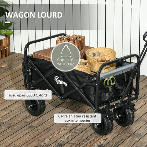 Rootz Folding Garden Cart - Utility Wagon - Transport Trolley - Adjustable Handle - 94cm x 57cm x 77-100cm