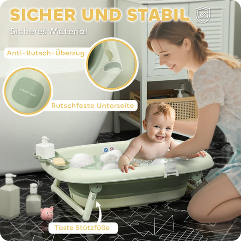 Rootz Foldable Baby Bath Tub - Infant Bath - Toddler Bathtub - Non-Slip Base - 86cm x 53cm x 25.5cm - Green Elephant Cushion