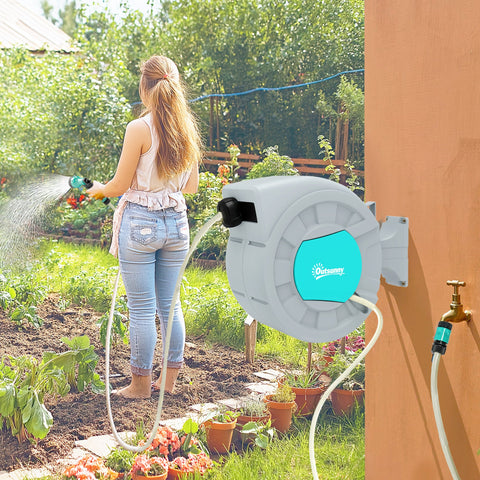 Rootz Garden Hose Holder - Wall Hose Reel - Water Hose Drum - 7 Spray Patterns - 180° Rotatable - 55cm x 20cm x 42cm