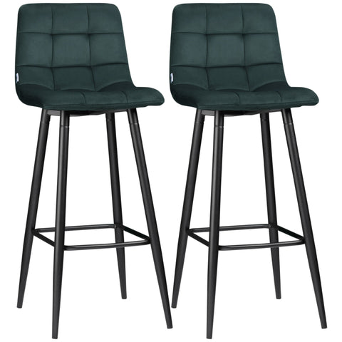 Rootz Bar Stools Set of 2 - Kitchen Stools - Velvet Fabric - Ergonomic Design - Robust Steel Frame - Green - 42cm x 47cm x 105cm