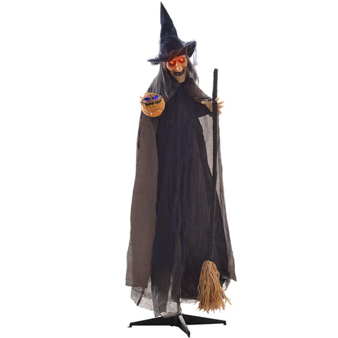 Rootz Animated Halloween Decoration - Witch on Broomstick - Spooky Prop - Glowing Eyes - Pumpkin - 107cm x 65cm x 190cm