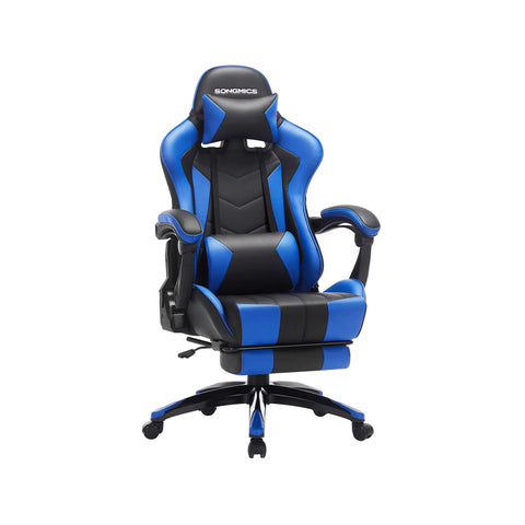 Rootz Gaming Chair with Footrest - Black Blue - Ergonomic Chair - Swivel Chair - Steel Frame - Height Adjustable - 66cm x 73cm x (123.5-131.5)cm