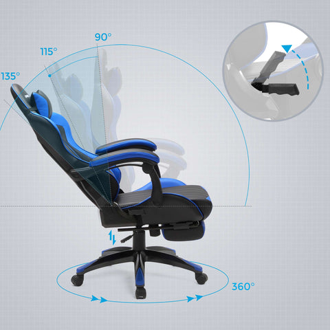 Rootz Gaming Chair with Footrest - Black Blue - Ergonomic Chair - Swivel Chair - Steel Frame - Height Adjustable - 66cm x 73cm x (123.5-131.5)cm