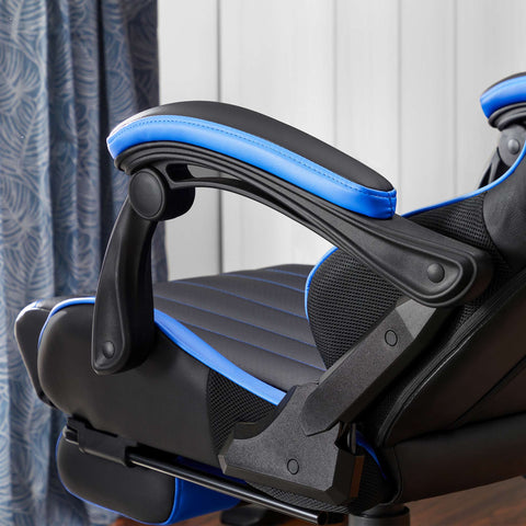 Rootz Gaming Chair with Footrest - Black Blue - Ergonomic Chair - Swivel Chair - Steel Frame - Height Adjustable - 66cm x 73cm x (123.5-131.5)cm