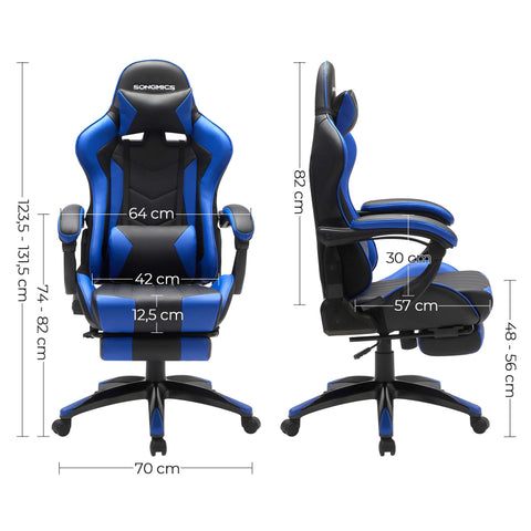 Rootz Gaming Chair with Footrest - Black Blue - Ergonomic Chair - Swivel Chair - Steel Frame - Height Adjustable - 66cm x 73cm x (123.5-131.5)cm