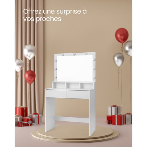 Rootz White Dressing Table - Vanity Table - Makeup Desk - Chipboard Material - Melamine Coating - 80cm x 40cm x 140cm - LED Bulbs Included - Anti-Tip Device - Easy Assembly - 27kg Weight Capacity