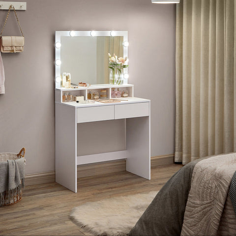 Rootz White Dressing Table - Vanity Table - Makeup Desk - Chipboard Material - Melamine Coating - 80cm x 40cm x 140cm - LED Bulbs Included - Anti-Tip Device - Easy Assembly - 27kg Weight Capacity