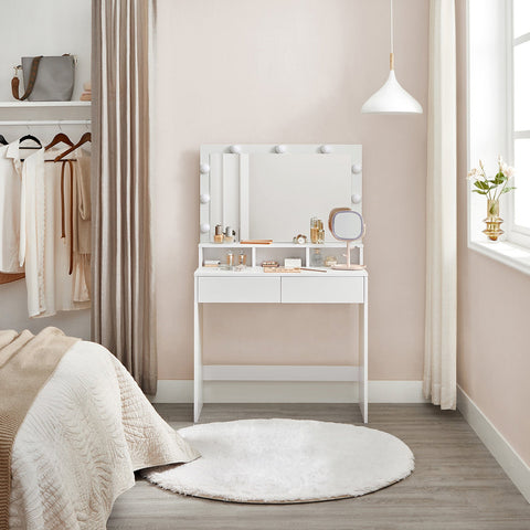 Rootz White Dressing Table - Vanity Table - Makeup Desk - Chipboard Material - Melamine Coating - 80cm x 40cm x 140cm - LED Bulbs Included - Anti-Tip Device - Easy Assembly - 27kg Weight Capacity
