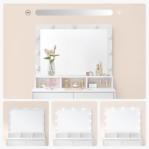 Rootz White Dressing Table - Vanity Table - Makeup Desk - Chipboard Material - Melamine Coating - 80cm x 40cm x 140cm - LED Bulbs Included - Anti-Tip Device - Easy Assembly - 27kg Weight Capacity