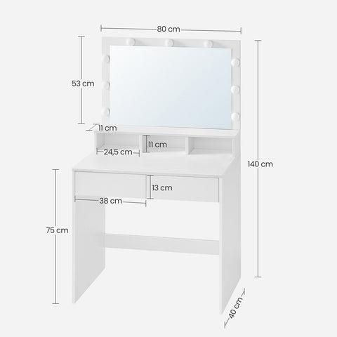 Rootz White Dressing Table - Vanity Table - Makeup Desk - Chipboard Material - Melamine Coating - 80cm x 40cm x 140cm - LED Bulbs Included - Anti-Tip Device - Easy Assembly - 27kg Weight Capacity